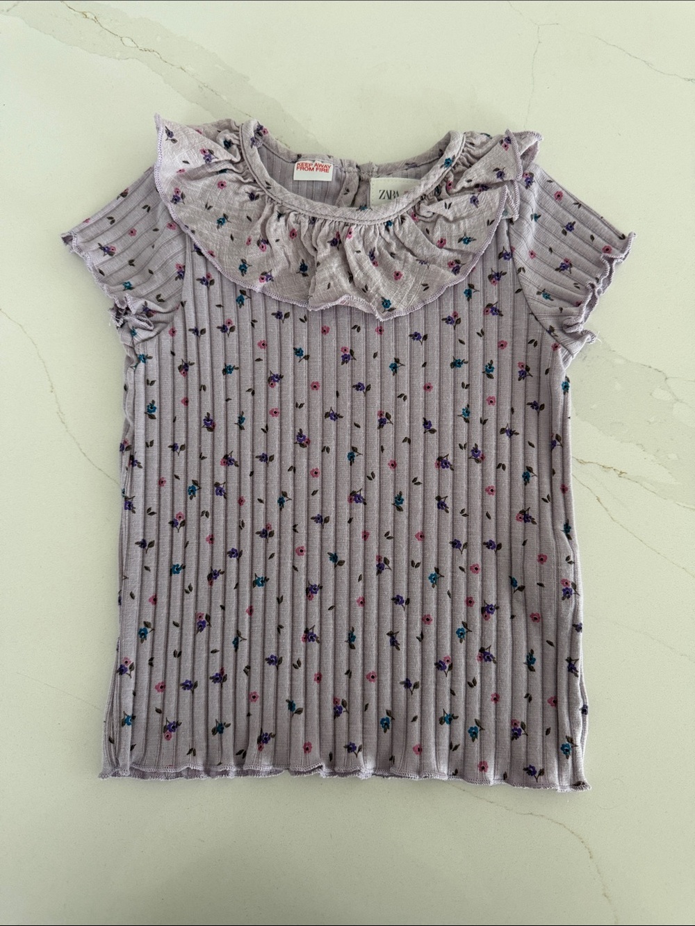 Zara Lavender Ribbed Floral Ruffle Neck Tee